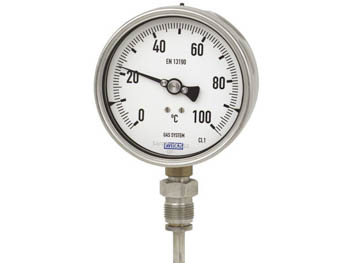 3817547 Gas Actuated Thermometer With Capillary 3817547 Wika 3817547 Gas Actuated Thermometer With Capillary Union Nut Model F73 100mm Dial 0/100° C Union Panel Mounting Stainless Steel Case