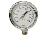 Wika 50306936 Industrial Liquid-filled Pressure Gauge Model 233.54 4 Inch Dial -30INHG/30PSI 1/2 NPT Lower Back Mount U-clamp Stainless Steel Case