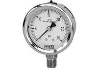 Wika 52461807 Industrial Liquid-filled Pressure Gauge Model 233.53 4 Inch Dial -30INHG/200 PSI 1/4 NPT Lower Mount Stainless Steel Case