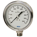 Wika 50502891 Industrial Liquid-filled Pressure Gauge Model 233.54 4 Inch Dial 5000 PSI 1/2 NPT Lower Back Mount U-clamp Stainless Steel Case