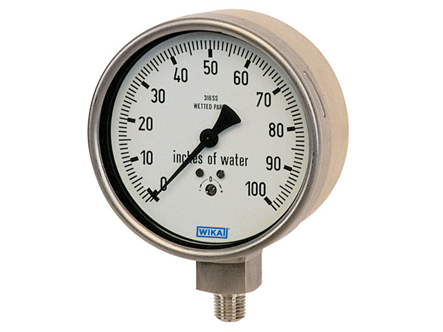 Wika 52110303 Low Pressure Liquid-filled Process Gauge Model 633.50 2-1/2 Dial 275 INH₂O 1/2 NPT Lower Mount Stainless Steel Case