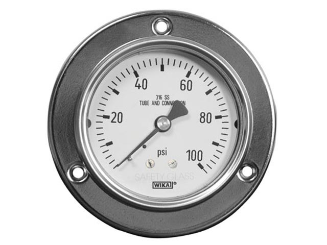 52128628 Wika 52128628 Industrial Liquid-filled Pressure Gauge Model 233.55 2-1/2 Dial 250 BAR 1/4 NPT Lower Back Mount Front Flange Stainless Steel Case