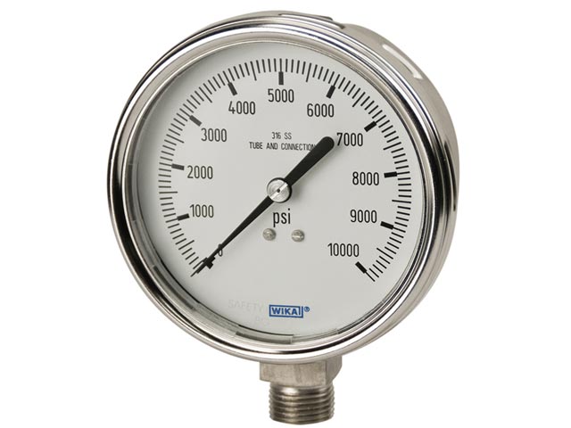 Wika 52750955 Industrial Liquid-filled Pressure Gauge Model 233.54 4 Inch Dial 160 PSI/BAR 1/4 NPT Lower Back Mount U-clamp Stainless Steel Case