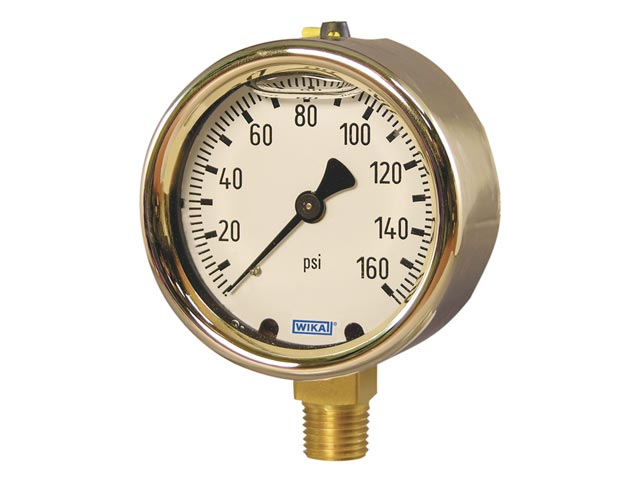 9314725 Wika 9314725 Industrial Liquid-filled Pressure Gauge Model 213.40 4 Inch Dial 600 PSI 1/4 NPT Lower Mount Forged Brass Case