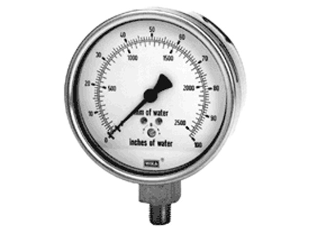 Wika 9747775 Low Pressure Process Gauge Model 612.20 4 Inch Dial 200 INH₂O 1/4 NPT Lower Mount Stainless Steel Case
