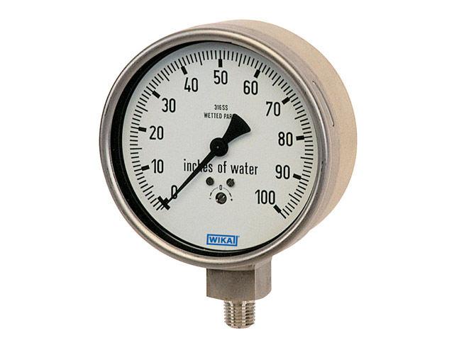 Wika 9804420 Low Pressure Process Gauge Model 632.50 4 Inch Dial 10 PSI 1/2 NPT Lower Mount Stainless Steel Case