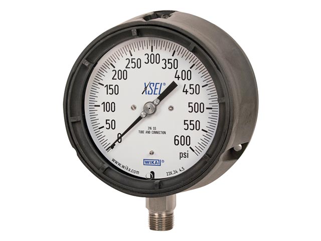Wika 9833981 Industrial XSEL® Process Liquid-filled Pressure Gauge Model 233.34 4-1/2 Dial 15 PSI 1/2 NPT Lower Mount Black Thermoplastic Case