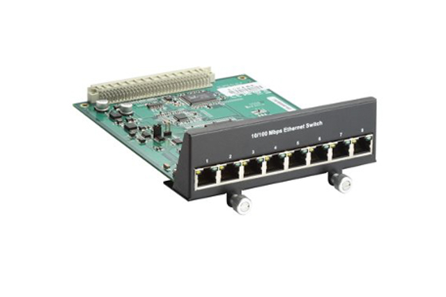 DA-SW08-RJ Moxa DA-SW08-RJ Expansion modules with 4-port 10/100 Mbps LAN, 8-port unmanaged switch ports, and 4-port 100 Mbps fiber LAN.
