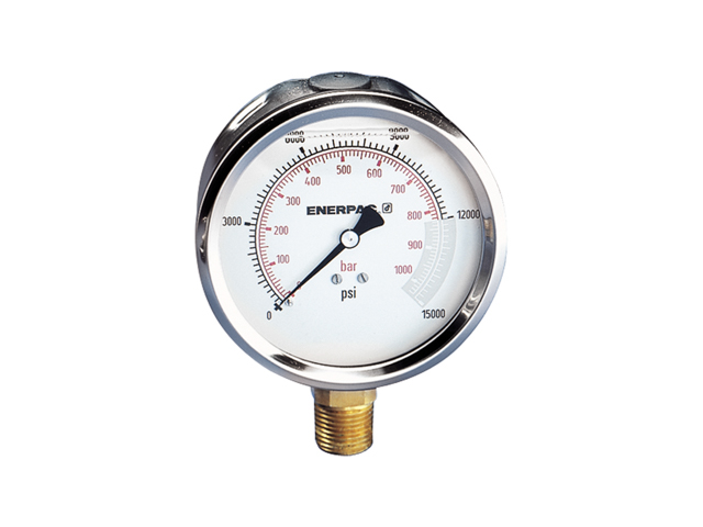 Enerpac G4039L Liquid-filled Hydraulic Pressure Gauge 4 Inch Dial 0-10000 PSI/BAR 1/2 NPTF Lower Mount Stainless Steel