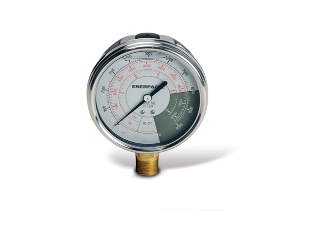 Enerpac GF-20P Liquid-filled Hydraulic Force and Pressure Gauge 4 Inch Dial 0-10000 PSI, 0-51500 LBS, 0-25.5 Tons 1/2 NPTF Bottom Mount Stainless Steel