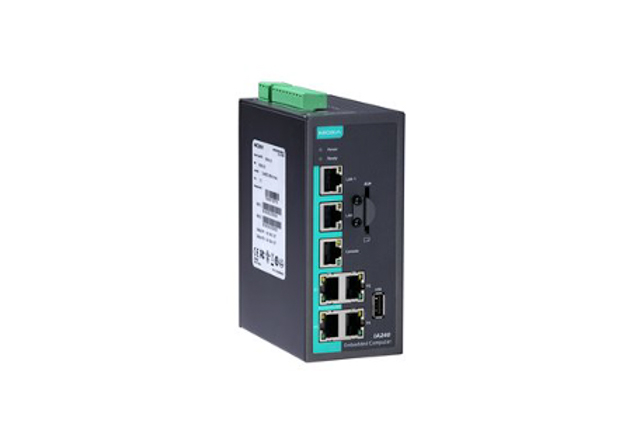 IA240-LX Moxa IA240-LX Arm-based DIN-rail industrial computer with 4 serial ports, 2 LAN ports, and 4 DI/DO