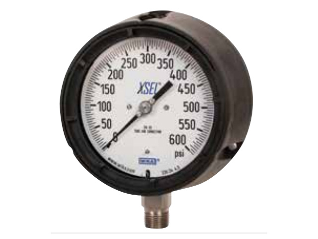 Wika 50487795 Industrial XSEL® Process Liquid-filled Pressure Gauge Model 233.34 4-1/2 Dial 60 PSI 1/2 NPT Lower Mount Black Thermoplastic Case