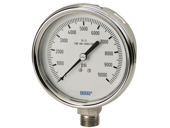 Wika 50244078 Industrial Liquid-filled Pressure Gauge Model 233.54 4 Inch Dial 100 PSI 1/4 NPT Lower Mount Stainless Steel Case