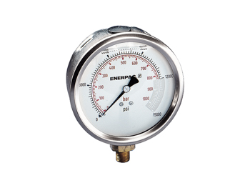 Enerpac G4089L Liquid-filled Hydraulic Pressure Gauge 4 Inch Dial 0-15000 PSI/BAR 1/4 NPTF Lower Mount Stainless Steel